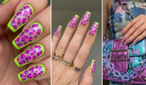 A three-panel collage of maximalist neon leopard print nails, featuring hot pink and electric purple animal spots tightly framed by a striking, thick neon lime green border.