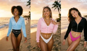A 3-panel collage of women on a beach at sunset wearing high-cut swimsuits with rhinestone belly chains and cropped zip-up velour hoodies.