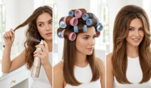 Collage of a heated roller blowout hack for medium hair, showing flexible hairspray application, strategic jumbo roller placement on the crown, and the resulting massive root volume.