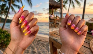A two-panel collage of airbrushed sunset ombre nails, displaying a glowing fuchsia, fiery orange, and yellow gradient with a sheer iridescent chrome finish on long stiletto and square nails.