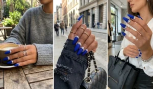 A three-panel collage of matte cobalt blue stiletto nails decorated with heavy, multi-sized crystal and rhinestone cuticles.