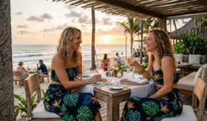 "Two women wearing matching tropical floral tube top and midi skirt sets at a beach dinner."