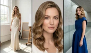 A 3-panel split-screen of women modeling modernized soft Hollywood waves, featuring fluid, continuous S-waves brushed out for an airy texture.