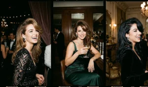 A collage of three women featuring glamorous deep side part blowouts with massive root lift and a sweeping dramatic swoop across the forehead.
