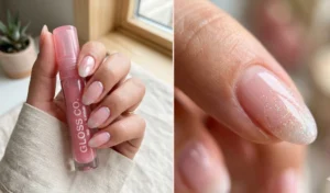 "Split-screen photo of hyper-glossy lipgloss nails with a sheer pink-tinted base and a fine iridescent glitter fade starting from the tips."