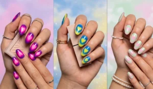 A horizontal collage showing modern Y2K airbrushed aura nail art with soft diffused circular gradients in neon pink, purple, blue, and yellow with central heart designs.