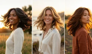 A three-panel photo of women with a shoulder-length butterfly cut blowout featuring dynamic, disconnected layers fanning outward.