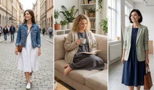 Three stylish ways to layer casual cotton dresses, showcasing everyday outfits paired with a classic denim jacket, a cozy knit cardigan, and a smart-casual light blazer.