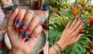 A two-panel collage of exotic bird tie-dye swirl nails, showcasing dynamic, psychedelic fluid patterns in cherry red, royal blue, and golden yellow on long stiletto shapes.