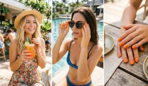 A three-panel lifestyle collage of tangerine orange short acrylic nails on a woman holding a tropical drink and adjusting her sunglasses in the sun.