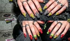 A horizontal three-panel showcase of Tropicalcore neon sunset nails with bright orange, pink, and purple ombré gradients, decorated with black palm tree silhouettes and tiny rhinestones.