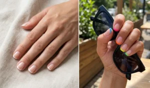 Split screen showcasing delicate micro French tip manicures in classic white and bright neon colors on natural healthy nails.