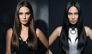 Side-by-side portraits of two women featuring the liquid glass straight blowout, showcasing pin-straight, ultra-reflective, and shiny hair.