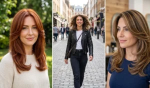 A 3-panel image displaying variations of the modern Rachel 2.0 haircut blowout, highlighting soft, face-framing layers curving inward.