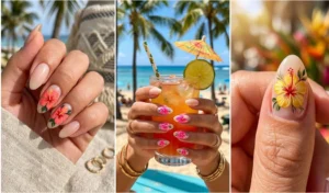 "Collage of tropicalcore hibiscus print accent nails featuring a sheer nude base with vibrant coral and neon pink hand-painted flowers."
