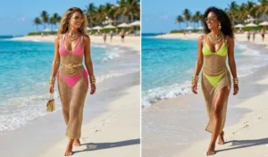 A 2-panel image of women walking by the ocean in see-through metallic gold crochet dresses layered over hot pink and lime green neon string bikinis.