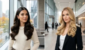 Two women with long hair styled with a smooth, polished crown that transitions into massive, bouncy waves at the bottom.