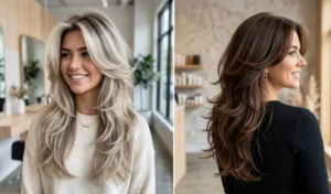 Two women demonstrating the voluminous butterfly cut blowout, featuring short face-framing layers that blend into long flowing lengths.