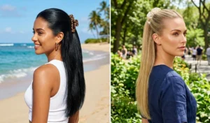 "A split-screen of two women wearing half-up, half-down sleek blowouts secured with a chic claw clip and a silk scrunchie."