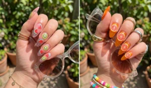 A playful split-screen image of translucent 3D jelly nails in squishy pink and orange gel, embedded with tiny fimo clay watermelon, kiwi, and grapefruit slices.