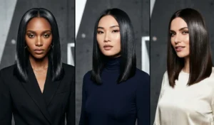 A three-panel collage of women with a sleek glass-hair blowout featuring ultra-shiny, perfectly straight shoulder-length hair.