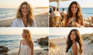 A collage of four women displaying the relaxed, beachy, and effortlessly fluffy Coconut Girl blowout on long wavy hair.