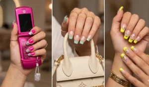 A three-panel collage showcasing Y2K McBling style rhinestone French tip manicures in hot pink, mint green, and neon yellow, encrusted with crystals and held next to a vintage flip phone.