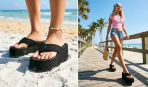 A two-panel image focusing on thick-soled, chunky platform foam flip-flops styled for a maximalist 2000s boardwalk outfit.