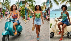 A 3-panel collage of women wearing luxurious silk scarves styled as halter tops with denim mini skirts in a vibrant tropical island setting.