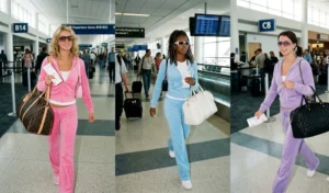 A 3-panel image of women in an airport terminal wearing matching pastel velour tracksuits, shield sunglasses, and carrying oversized designer duffle bags.