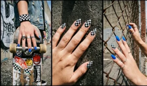 Urban style hands showcasing bright electric blue and lime green checkerboard pattern nail designs.