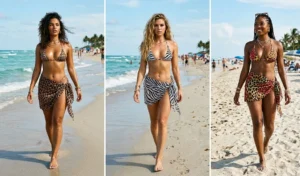 A three-panel collage of women walking on the sand wearing maximalist leopard and zebra animal print microkinis seamlessly paired with matching draped beach sarongs.
