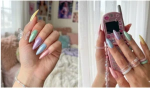 A two-panel collage featuring soft pastel rainbow stiletto nails finished with a highly reflective, liquid metal chrome glaze.
