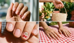Retro cherry accent nail art painted on a sheer pink base coat, styled as a cute Y2K summer beauty trend.