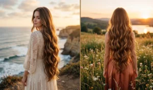Two women showing off ultra-long mermaid soft blowouts with subtle, romantic cascading waves flowing down their backs.