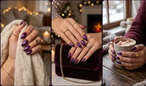 A three-panel collage of dark plum stiletto nails showing a shifting, 3D crushed-velvet illusion created with magnetic gel polish.