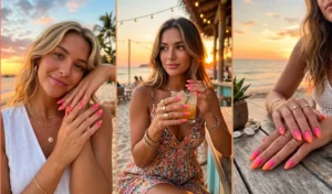 A three-panel lifestyle collage showing sunset ombre acrylic nails with a glowing fade from hot pink at the cuticle to tangerine orange at the tip.
