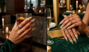 A two-panel collage displaying sharp stiletto nails with a luxurious encapsulated emerald green resin design and real gold leaf details.