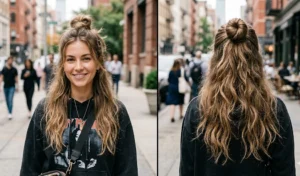 A 2-panel split-screen featuring a casual half-up top knot hairstyle paired with messy, tousled blowout lengths cascading underneath.