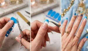 A three-panel collage showing how to create faux French tips by snipping the curved edge of a blue nail strip, applying it to a clear coffin nail tip, and the final look featuring a 3D nail charm.