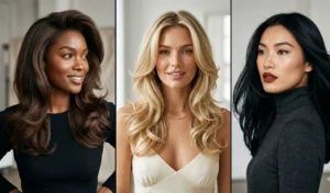 "A 3-panel collage featuring women with classic 90s supermodel sleek blowouts, highlighting voluminous roots and glossy straight lengths."