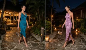 A split-screen of women walking on a dimly lit resort path at night, wearing elegant slinky ruched halter dresses in early 2000s silhouettes.