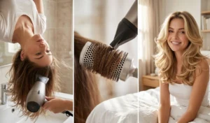 Three-step tutorial collage for a classic round brush blowout, showing upside-down rough drying, using a blow dryer concentrator nozzle with a ceramic brush, and the final bouncy medium layers.