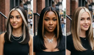 "A 3-panel collage of women modeling sleek straight blowouts paired with bold face-framing chunky highlights."