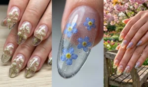 "Close-up collage of clear acrylic nails encapsulating real pressed miniature flowers like baby's breath and forget-me-nots for spring."