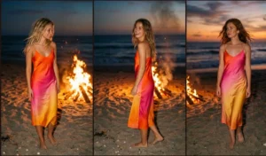 Sunset slip dresses at beach bonfire