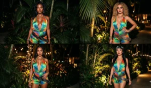 A 4-panel image featuring women at night wearing bright palm leaf print silk rompers styled with wide grommet-studded belts sitting low on the hips.