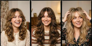 A collage of three women with voluminous blowouts and perfectly styled curtain bangs sweeping outward to frame their cheekbones.