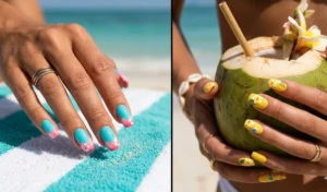 A split-screen image of Coconut Girl aesthetic nail art featuring hand-painted white hibiscus flowers over vibrant aquamarine blue, sunset pink, and cheerful yellow gel polish.