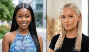 "A split-screen of two women modeling ultra-shiny, Y2K pin-straight glass hair parted down the middle."